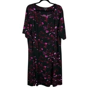 Roz & Ali Floral Dark Romantic Short Sleeve Shift Midi Dress 3X Black Purple